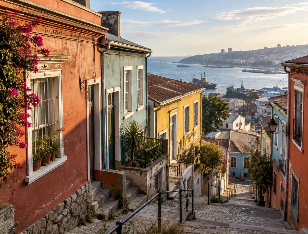 Colorful hillside houses and a stairway overlooking the coast in Valparaíso, Chile