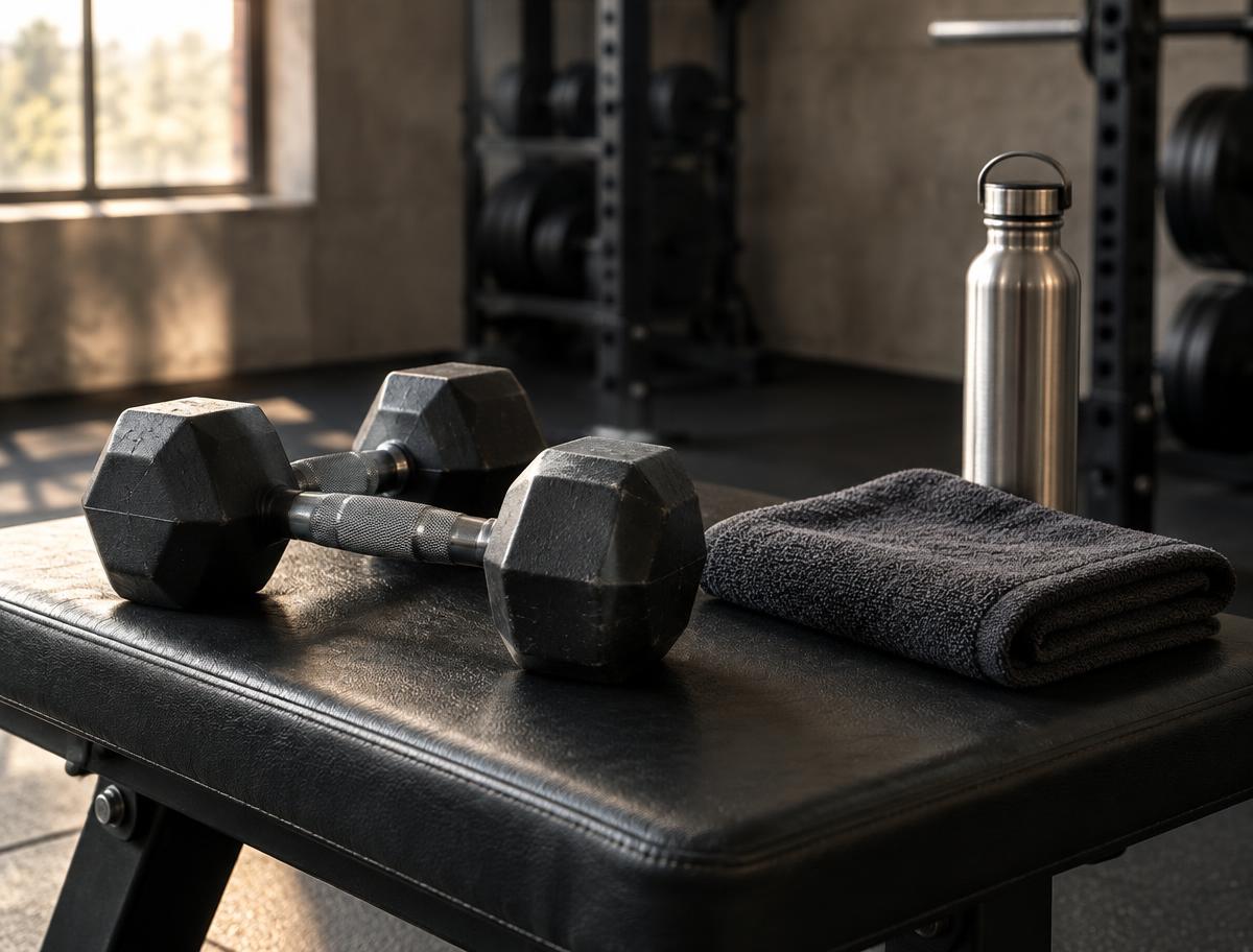 Iron dumbbells, a workout towel and a steel water bottle in a gym